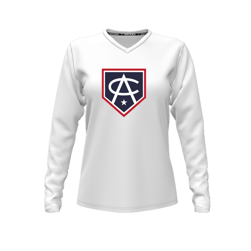 [CUS-DFW-TEES-PER-VNK-LSL-WHT-FYXS-LOGO3] Performance T-Shirt (Female Youth XS, White, V Neck, Logo 3, Long Sleeve)